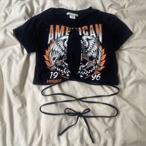 Black Graphic Tie-Up Crop Top